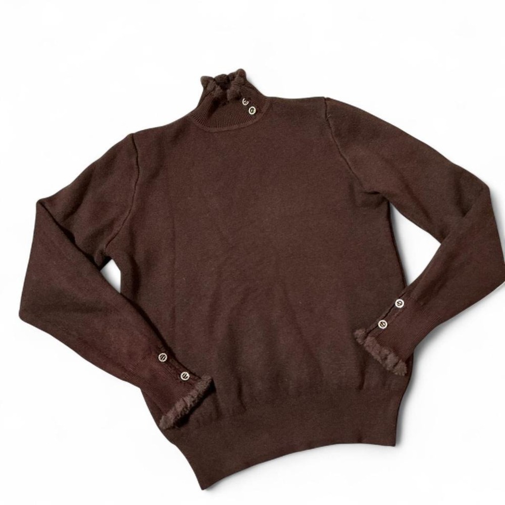 Chic Brown Turtleneck Sweater with Button Detail and Fringed Cuffs Warm
